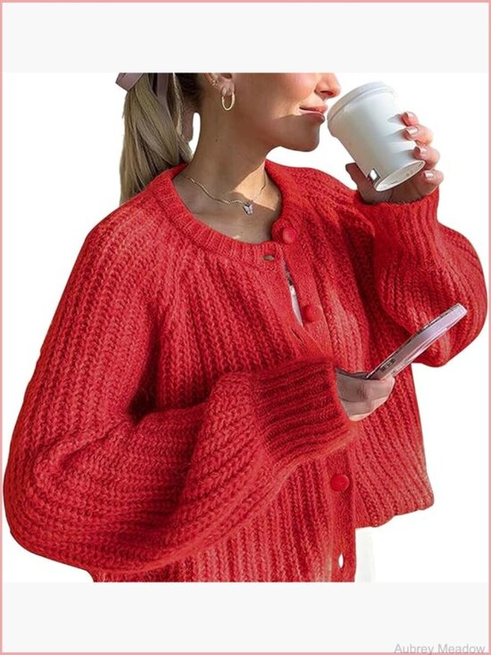 Sweaters - Chunky Knit Cardigan Long Sleeve Crew Neck Button Down Open Front Sweater Jacket